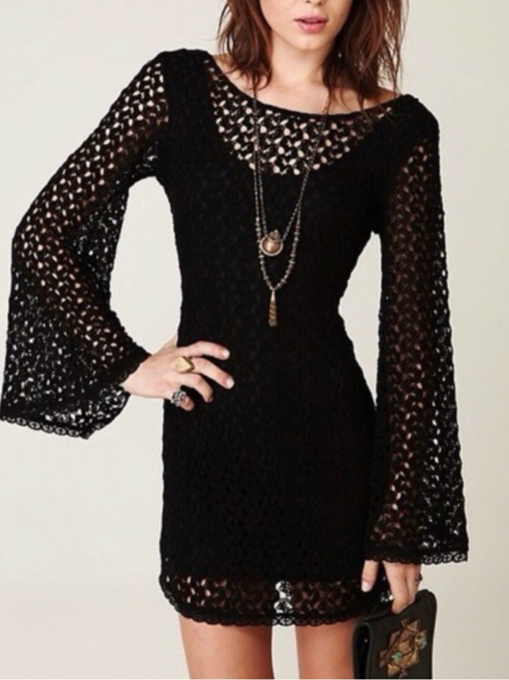 Free People Black Crochet Lace Bodycon Mini Dress Scoop Back Bell Sleeve S